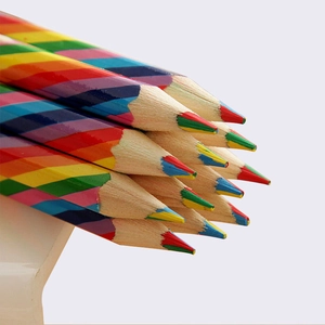 Rainbow colored pencils with four-color core and wooden rainbow stripe barrel for students