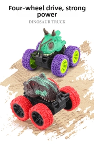Detail of inertia dinosaur monster truck with four-wheel drive and off-road tires