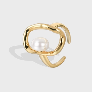 French Style Irregular Geometric Gold Plated Brass Open Ring With Shell Artificial Pearl For Women Adjustable Niche Design