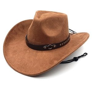 Western Cowboy Hat Wide Brim Faux Suede Fedora With Rivet Leather Band Adjustable Wind Cord Outdoor Unisex