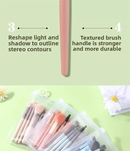 Macro detail of portable 8-piece mini makeup brush set with matte handles and storage bag