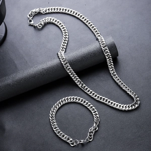 Silver cuban link titanium steel necklace and bracelet set displayed on dark pedestal