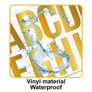 Macro shot of gold vinyl letter stickers with water splashes showing waterproof feature