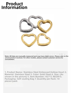 Close-up of textured stainless steel hollow heart charms in gold and silver finish