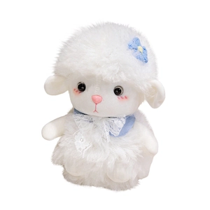 Cute white plush lamb toy with blue floral headband and elegant lace neck ribbon