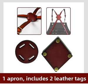 Detail of heavy-duty canvas apron featuring leather strap connectors with metal rivets