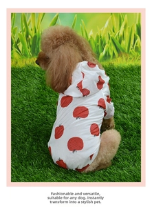 Detail of white hooded pet shirt with red apple print on breathable fabric for small dogs