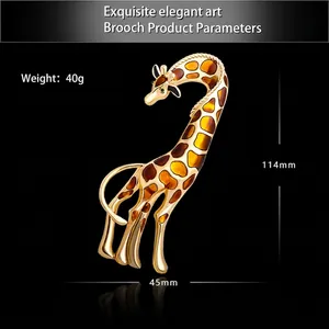 Golden giraffe enamel brooch with amber spotted texture and detailed size dimensions