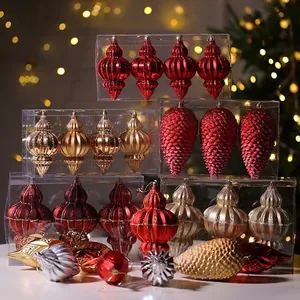 Kegel- und Zwiebelförmige Weihnachtsballset mit Glitzer in Rot, Gold und Silber