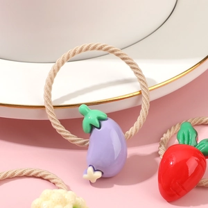 Elastic hair ties featuring cute purple eggplant and strawberry vegetable charms