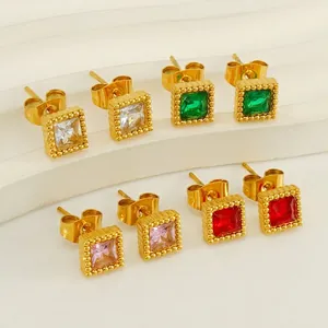 Square Zircon Ear Studs Stainless Steel 18K Gold Plated Geometric Small Vintage Earrings For Women