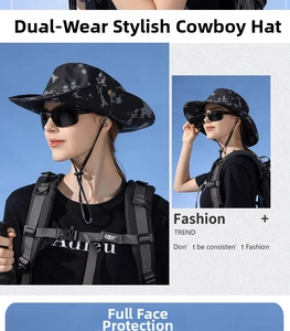 Macro shot of black camo sun hat with adjustable chin strap and foldable side snaps