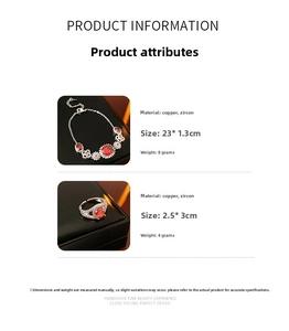 Detailed specs of zircon flower bracelet and ring with copper base and red stones