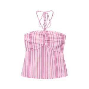 Rosa gestreiftes Halterneck-Crop-Top mit geraffter Brust und vertikalem Streifenmuster