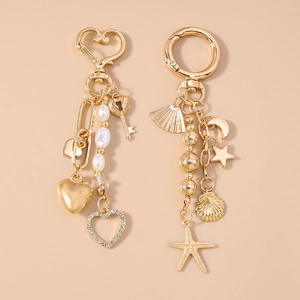 Golden moon star and heart charms keychain with pearls for bag decoration
