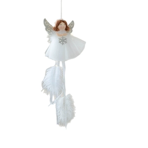 White Christmas angel hanging ornament with silver wings and feather tassels for tree decor