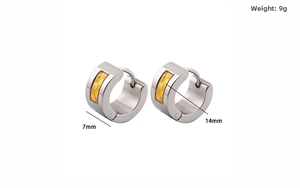 Detailed view of 7mm wide stainless steel hoop earrings with gold grid pattern textures
