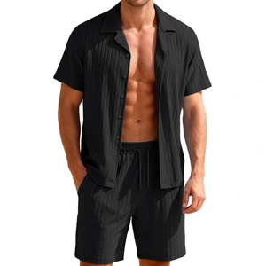 Men's summer casual black textured shirt and drawstring shorts set in vertical stripe fabric