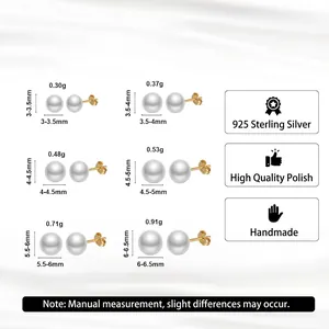 S925 sterling silver pearl stud earrings size comparison chart ranging from 3mm to 6.5mm
