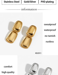 Detail showing gold and silver rectangle earrings with PVD plated stainless steel