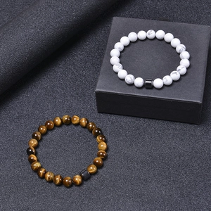 8mm Black Volcanic Stone Agate Elastic Bracelets with White Marble and Tiger Eye Stones