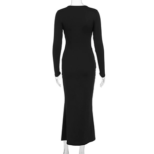 Rear view of a black slim-fit maxi dress featuring high-elastic fabric and sleek cut