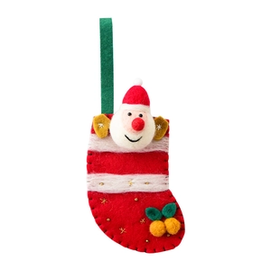 3D wool felt Christmas stocking featuring Santa Claus with green hanging loop ornament
