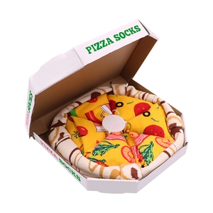 Creative pizza socks set in a realistic pizza gift box with vivid slice-shaped rolling