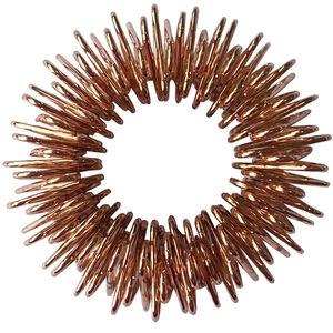 Close-up of rose gold spring finger massage ring showing textured metal texture on white background