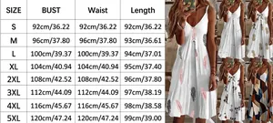 Size chart showing bust and length measurements for the printed V-neck slip dress