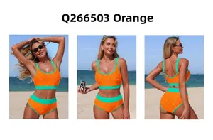 Three-way view of an orange floral bikini set with green trim on a sunny beach setting