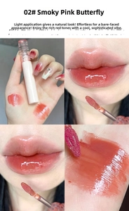 Water-light mirror lip glaze 02 smoky pink butterfly swatch and glossy texture