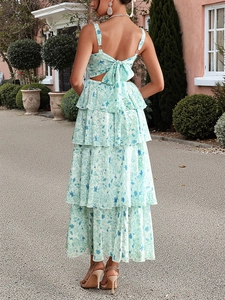 Floral chiffon dress with backless bow tie and tiered ruffled hemline detail