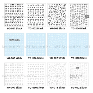 Detailed grid of twelve bowknot nail art stickers in black white and silver finishes