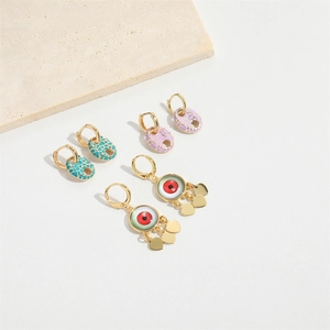 Bohemian Evil Eye drop earrings and enamel oval hoops in light blue and purple gold finish