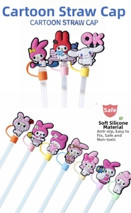 Detail view of silicone straw covers featuring various cartoon characters for cups