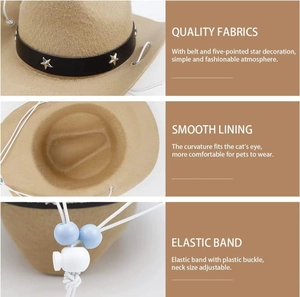 Detail view of brown pet cowboy hat with star buckle decoration and adjustable strap