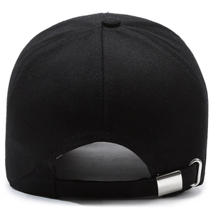 Rear view of black outdoor baseball cap with adjustable silver metal buckle strap