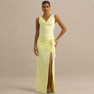 Robe Maxi À Col Bénitier Sans Manches Fente Haute Froncée Nœud Latéral Robe De Soirée Couleur Unie Sexy Femmes