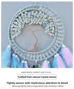 Detail of life tree dreamcatcher with natural crystal stones and soft feathers