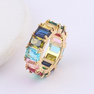 Rainbow Eternity Ring Copper Gold Plated Colorful Baguette Zirconia Square Geometric Micro Inlaid Jewelry For Women