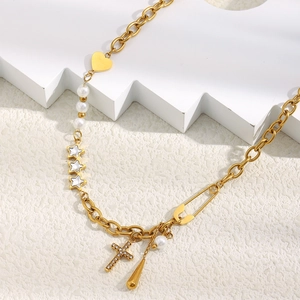 Gold 18K plated stainless steel cross necklace with charms, pearls and tassel design