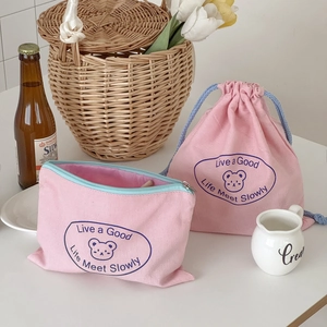Cute Bear Canvas Drawstring Bag And Zipper Pouch Travel Makeup Stationery Organizer Pink Blue Cartoon For Girls Handheld
