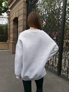 Minimalist grey long sleeve sweatshirt shown in a stylish street style back view