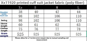 Detailed size chart for women's blazer with printed cuffs showing specific measurements