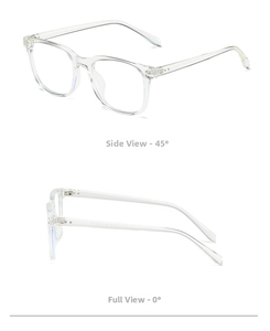Close-up of clear TR90 full-rim eyeglasses frame showing side view and temple details