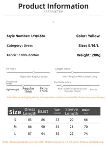 Detailed size chart and material guide for the yellow cotton embroidered mini dress