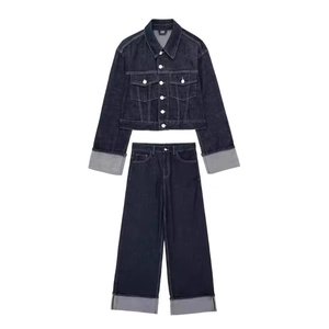 Veste En Jean Et Pantalon Large Tenue Assortie Pur Coton Denim Patchwork Revers Contrasté Taille Haute Femmes