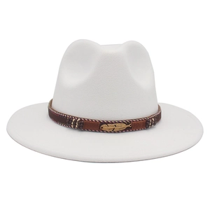 Close-up of white wool fedora hat with bohemian woven band and golden feather charm