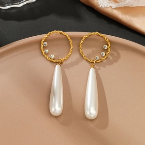 14K gold plated teardrop pearl hoop earrings with crystal accents in vintage style